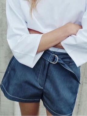 Zara Blue High-Waist Belted Denim-Style Women's Shorts